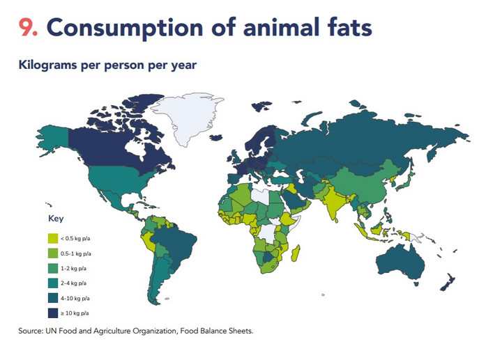 Spożycie tłuszczy zwierzęcych. Źródło: www.worldobesityday.org