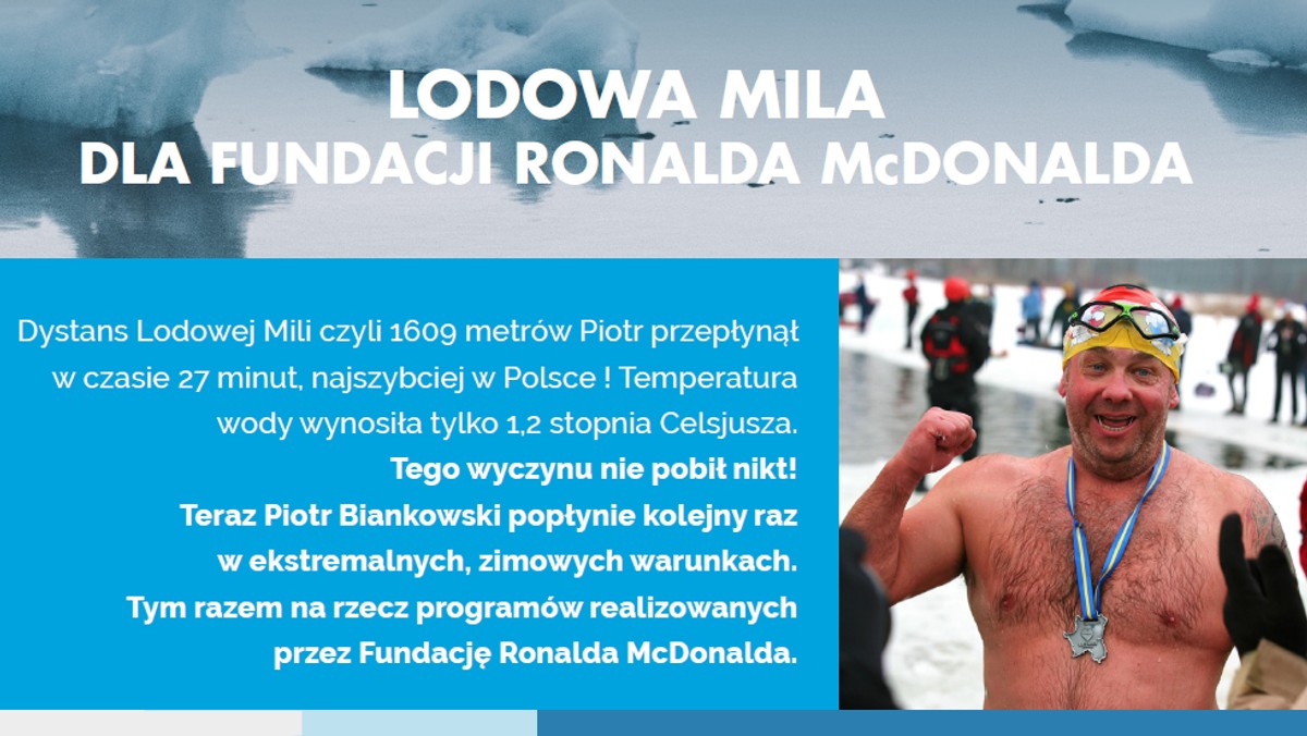 Już 17 marca sportowiec ekstremalny Piotr Biankowski popłynie kolejny raz w ekstremalnych, zimowych warunkach Zatoki Gdańskiej. Tym razem na rzecz programów Fundacji Ronalda McDonalda. Jaką odległość pokona? Dowiemy się 10 marca - do wtedy można wesprzeć niezwykły wyczyn Piotra i pomóc mu wydłużyć "Lodową Milę". Na razie dystans wynosi 548 m.