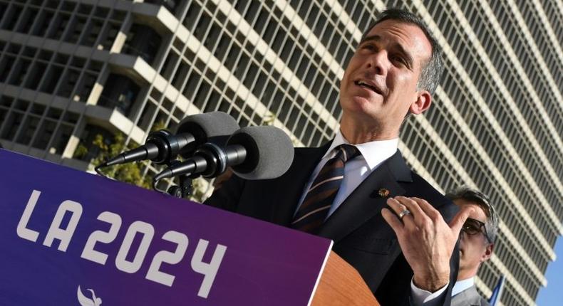 Los Angeles Mayor Eric Garcetti announces the city councils unanimous approval to bid for the 2024 Summer Olympics in Los Angeles, California