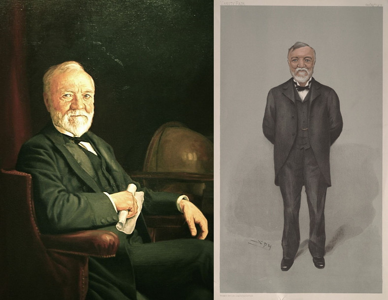 Trzydziestoletni milioner? W XIX wieku nie było to powszechne zjawisko. Dlatego postać Andrew Carnegie pojawiała się często w przestrzeni publicznej, tak na obrazach (na ilustracji po lewej – artysta nieznany), jak i karykaturach (po prawej autorstwa Leslie Ward)