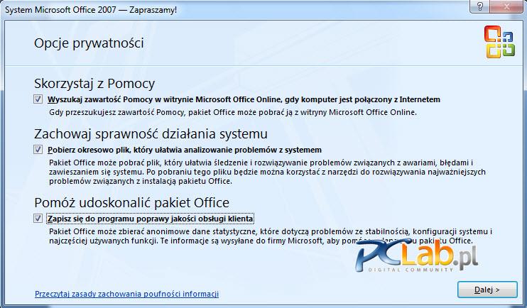 MS Office 2007 – wstępne okno konfiguracji (kliknij, aby powiększyć)