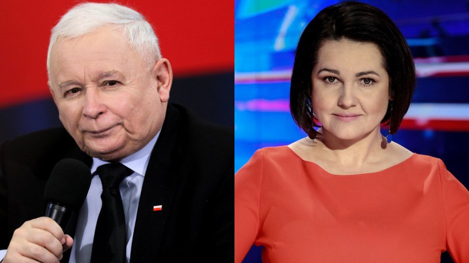 Jarosław Kaczyński (PAP, fot. Tomasz Wiktor) i prowadząca "Wiadomości" Edyta Lewandowska 