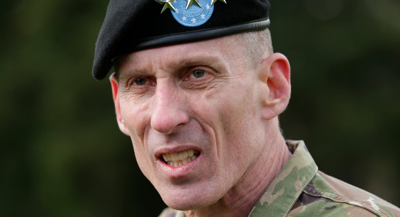 U.S. Army Lt. Gen. Gary Volesky talks to reporters following a change of command ceremony, Monday, April 3, 2017, at Joint Base Lewis-McChord in Washington state.