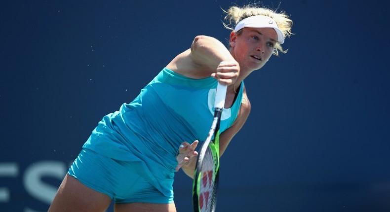 CoCo Vandeweghe serves to Catherine Bellis on August 5, 2017 in Stanford, California