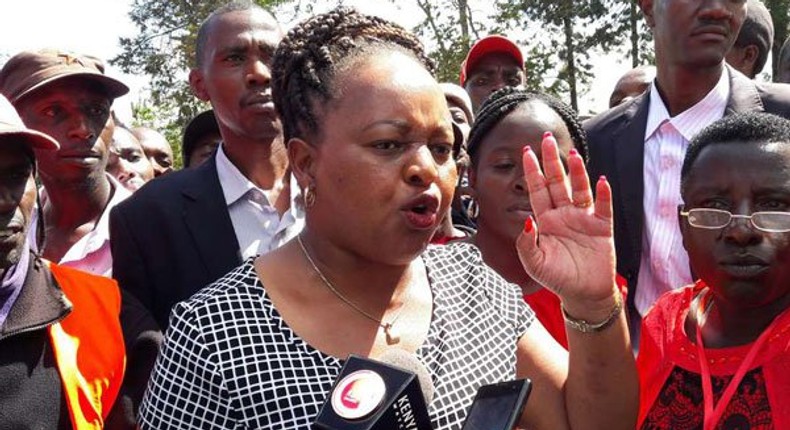 Kirinyaga gubernatorial aspirant Anne Waiguru protests over lack of enough ballot papers, at Kiamugumo Primary School in Gichugu constituency on April 22, 2017.