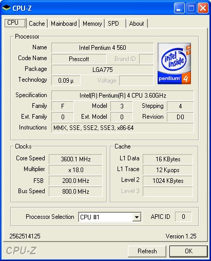 Pentium 4 560 z technologią EM64T. Uwaga, tylko wybrane egzemplarze P4 560 mają aktywne rozszerzenia 64-bitowe!