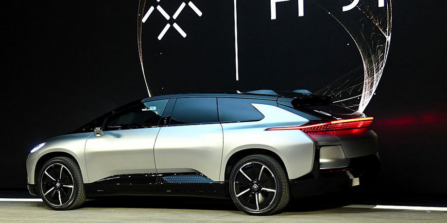 Faraday Future's FF 91 prototype electric crossover vehicle is unveiled during a press event for CES 2017.