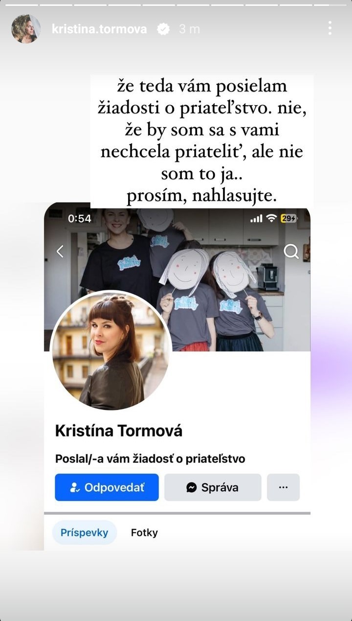 Kristína Tormová upozorňuje na falošný profil.