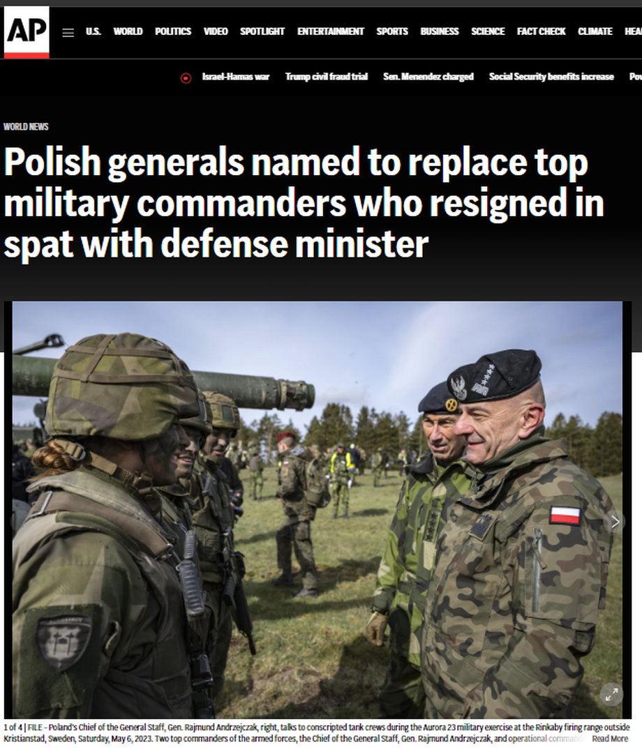 Artykuł o dymisjach w polskim wojsku w AP
