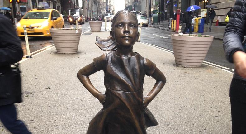 State Street installed a statue of a girl on March 7 in front of the Wall Street bull in downtown Manhattan.