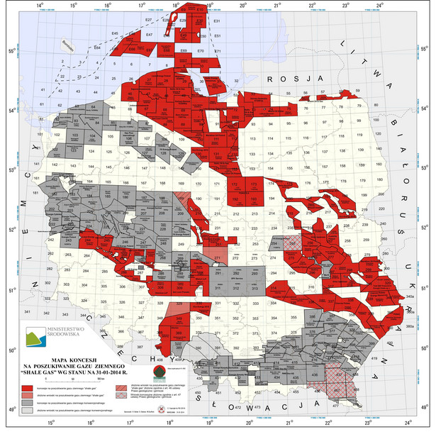 Mapa koncesji na poszukiwanie i rozpoznawanie gazu ziemnego "Shale gas" - stan na dzień 01.02.2014 r., źródło: Ministerstwo Środowiska