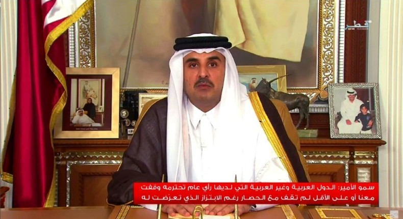 An image grab taken from Qatar TV shows the Emir of Qatar, Sheikh Tamim bin Hamad al-Thani, delivering a televised speech to the nation in the capital Doha on July 21, 2017