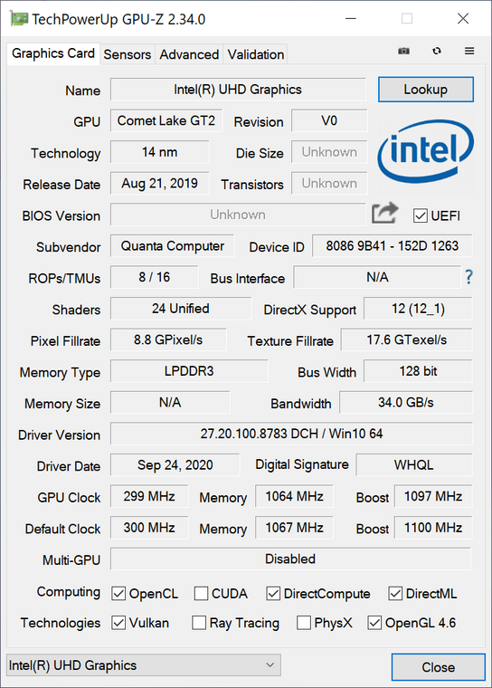 GPU-Z – MateBook X w przeciwieństywie do MateBooka X Pro, nie jest wyposażony w dedykowaną kartę graficzną, a zintegrowany UHD Graphics 620 jest dużo mniej wydajny niż Vega 8 w MateBooku 13