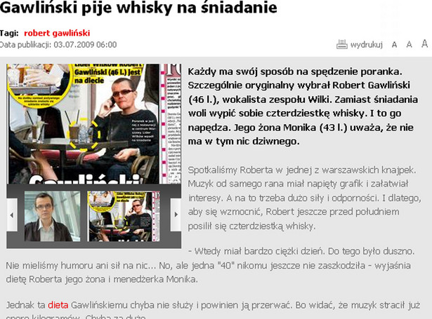 Gawliński woli whiskey od jajecznicy