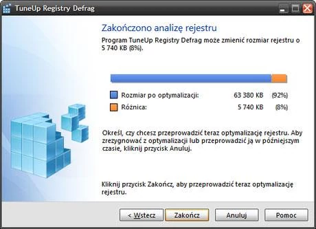 TuneUp Registry Defrag – wyniki analizy rejestru systemowego.