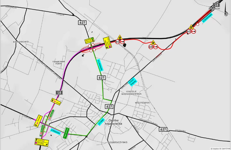 Obecny przebieg trasy S8 w Ostrowi Mazowieckiej