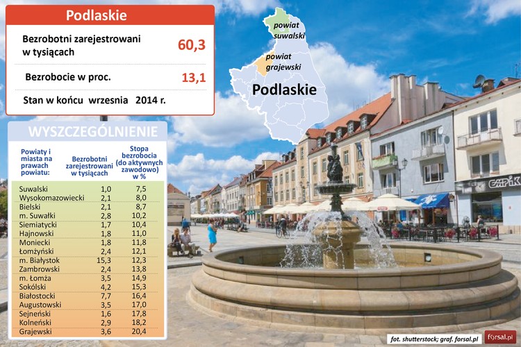 Stopa bezrobocia w województwie podlaskim sięga 13,1 proc. Najniższe bezrobocie notowane jest w powiecie suwalskim (7,5 proc.). Gospodarka tego regionu opiera się głównie na rolnictwie i przetwórstwie spożywczym. W samych Suwałkach stopa bezrobocia wynosi 10,2 proc.  Większość zakładów działa w ramach Suwalskiej Specjalnej Strefie Ekonomicznej. Znajdują się tu m.in. Spółdzielnia Mleczarska Rospuda w Filipowie, Spółdzielnia Mleczarska Sudowia w Suwałkach czy też zakłady spółki Animex, lidera na polskim rynku mięsa. <br>Region jest też ważnym ośrodkiem przemysłu drzewnego i budowlanego. W Koszkach w gminie Orla (powiat bielski) od 2012 roku działa fabryka mebli szwedzkiego koncernu IKEA. W Narwi (powiat hajnowski) swoją siedzibę ma jeden z największych pracodawców regionie – producent maszyn rolniczych Pronar. W tej chwili spółka zatrudnia ponad 1,6 tys. osób. W Białymstoku, stolicy województwa podlaskiego, bezrobocie wynosi 12,3 proc.
<br>Najtrudniejsza sytuacja na rynku pracy na Podlasiu panuje teraz w powiecie grajewskim. To jedyny powiat w województwie, w którym stopa bezrobocia przekracza 20 proc. W Grajewie swoje zakłady ma m.in. wytwarzający produkty drewnopochodne Pfleiderer czy Spółdzielnia Mleczarska Mlekpol.