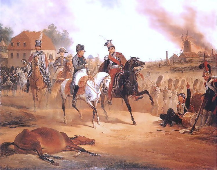 Napoleon i ks. Józef Poniatowski w czasie bitwy pod Lipskiem, aut. January Suchodolski, domena publiczna