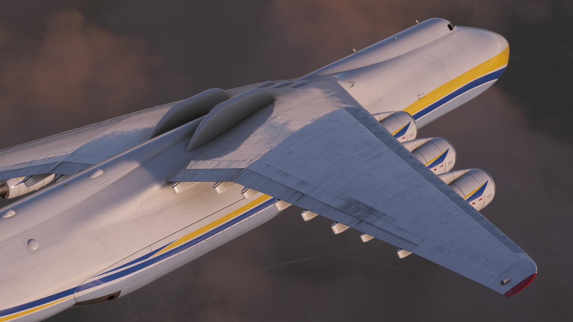 Obrázok lietadla Antonov An-225 Mrija v hre Microsoft Flight Simulator.