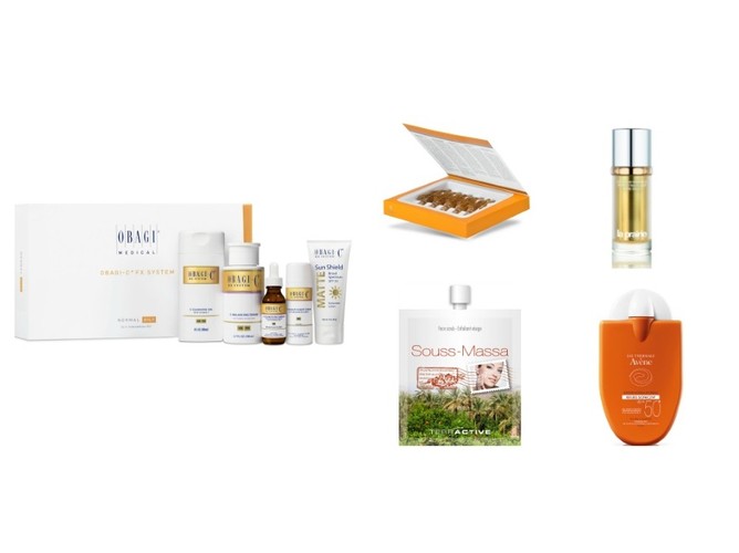System OBAGI-C Fx, 1199zł; Overnight 100% Vit C Shock Serum Clarena, 120zł/10x3ml; Złoty fluid La Prairie, 2064zł/40ml; Peeling Terractive Souss-Massa, 9,99zł/16g; Refleks słoneczny Avene,  50zł/30ml