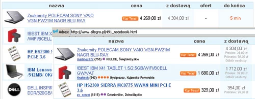 Po otwarciu strony Kokarda.pl i wpisaniu adresu www.allegro.pl w polu Adres, otwarta zostanie strona Allegro, z której możemy normalnie korzystać. W porównaniu jednak ze zwykłą stroną powyżej otrzymujemy znacznie więcej informacji o wszystkich aukcjach. To znacznie ułatwia wyszukanie licytacji