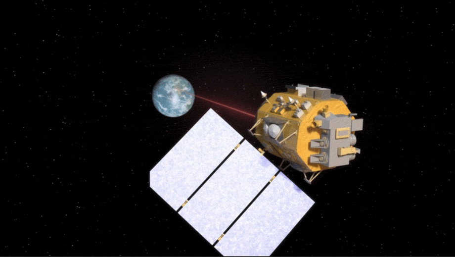 Ilustracja przedstawiająca statek kosmiczny wykorzystujący komunikację laserową do przekazywania danych z Marsa na Ziemię