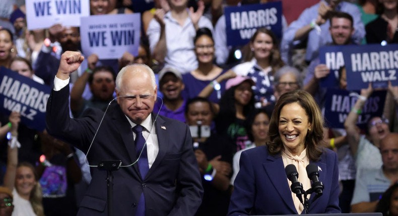 Democratic presidential candidate, Vice President Kamala Harris, with her running mate Gov. Tim Walz of Minnesota.Alex Wong/Getty Images