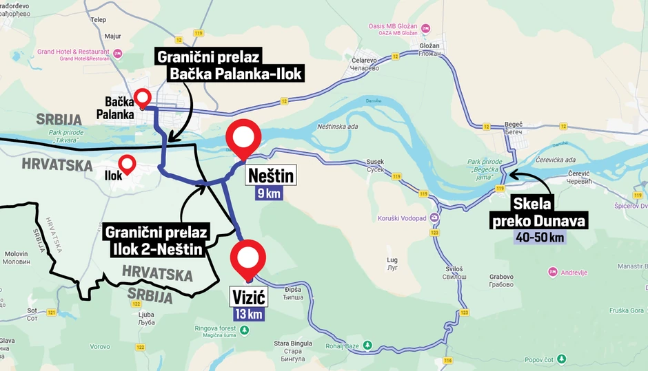 Mapa puta iz Vizića i Neština do Bačke Palanke preko Hrvatske i kroz Srbiju