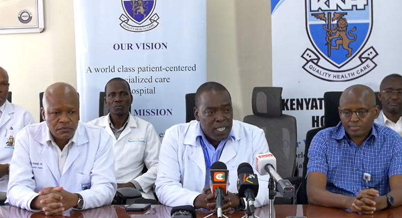 Dr Evanson Kamuri speaking during a media breifing at Kenyatta National Hospital in February, 2023