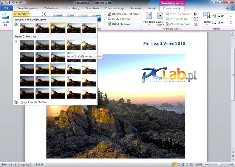 MS Word 2010 – nastawy korekcji jasności i kontrastu (kliknij, aby powiększyć)