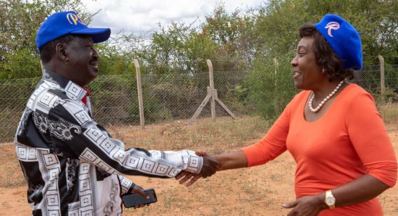 Azimio la Umoja presidential candidate Raila Odinga welcomed to Kitui by Governor Charity Ngilu