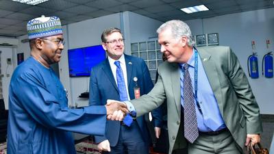 Mark Hove with the Chairman, National Drug Law Enforcement Agency, NDLEA, Brig. Gen. Buba Marwa (rtd). [Twitter:NDLEA]