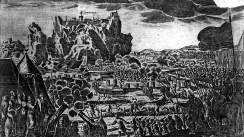 Anonimowy miedzioryt niemiecki przedstawiający oblężenie Kamieńca z około 1672 roku – fot. domena publiczna, Muzeum Pałacu Króla Jana III w Wilanowie