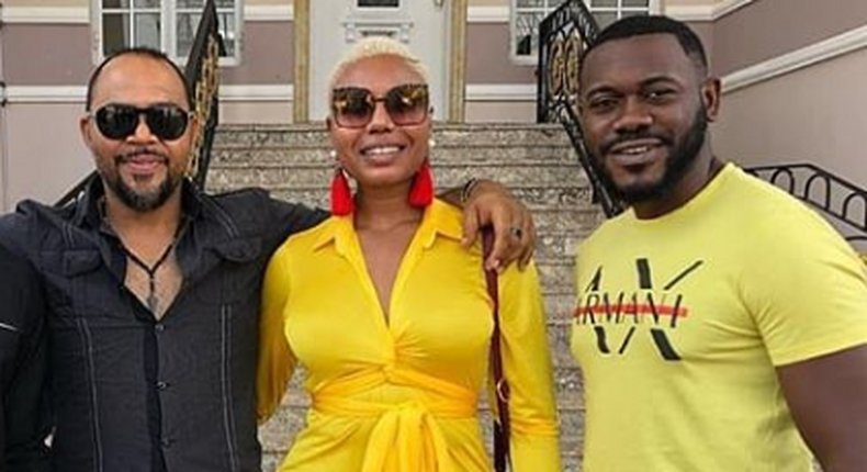 Ramsey Nouah, Nancy Isime and Deyemi Okanlawon on the set of 'Levi.'