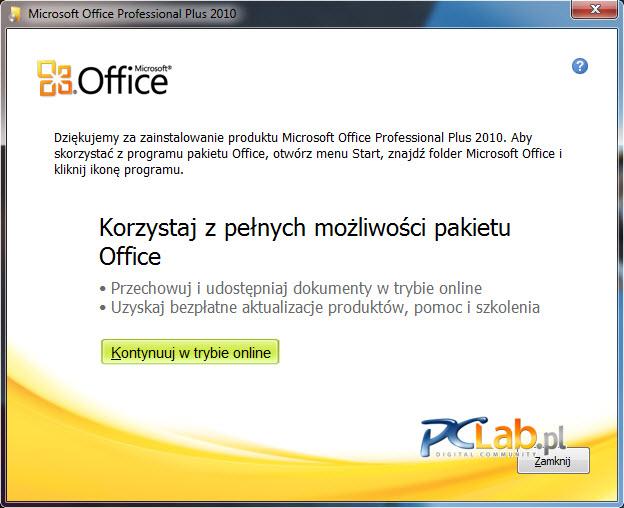 MS Office 2010 – bezpośrednio po instalacji pojawia się zachęta do korzystania z usług online (kliknij, aby powiększyć)