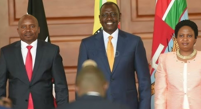 A screengrab image of Prof Kithure Kindiki, President William Ruto and Joyce Kindiki