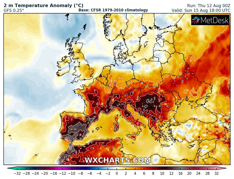 Odchylenie temperatury powietrza od średniej w niedzielę wieczorem