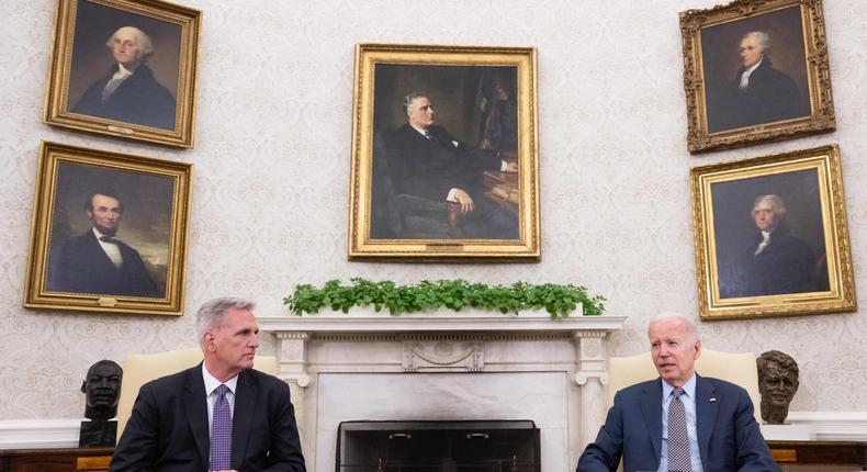 Kevin McCarthy with President Joe Biden at an Oval Office meeting on the debt ceiling on May 22.Saul Loeb/AFP/Getty Images