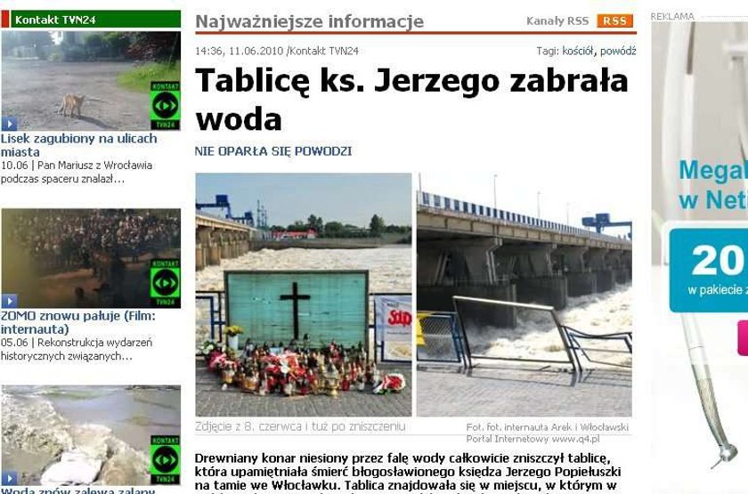 Tablica ks. Jerzego zabrana przez powódź