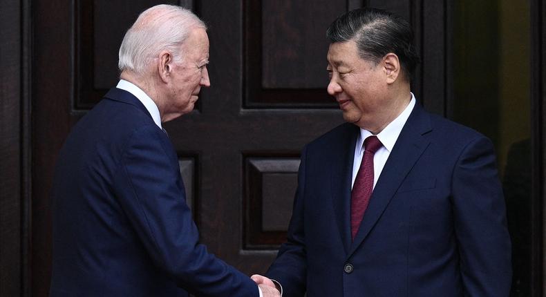 US President Joe Biden greets Chinese President Xi Jinping before a meeting during the Asia-Pacific Economic Cooperation (APEC) Leaders' week in Woodside, California on November 15, 2023.BRENDAN SMIALOWSKI/AFP via Getty Images