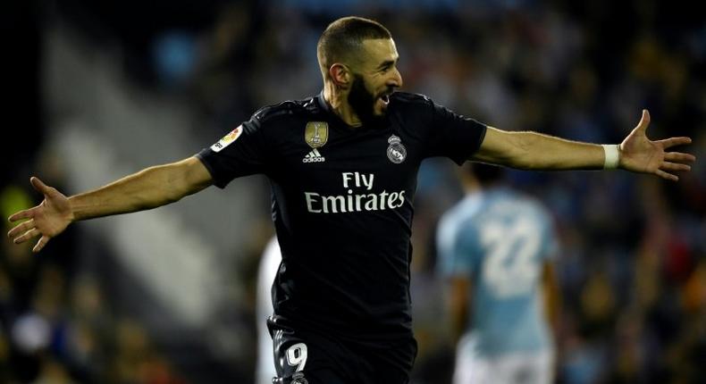 Real Madrid forward Karim Benzema celebrates after scoring during a Spanish league game against Celta Vigo.