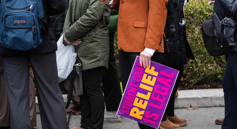 Activists and students protest in front of the Supreme Court during a rally for student debt cancellation in Washington, DC, on February 28, 2023.ANDREW CABALLERO-REYNOLDS/AFP via Getty Images