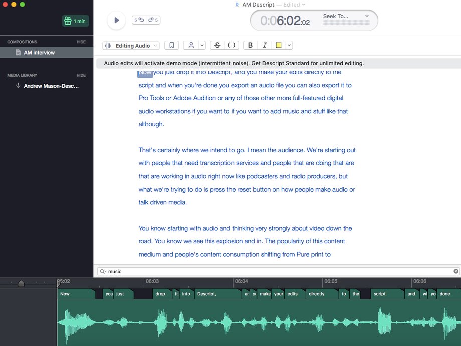 Zrzut ekranu z narzędzia Descript, które dokonało transkrypcji rozmowy z Andrew Masonem