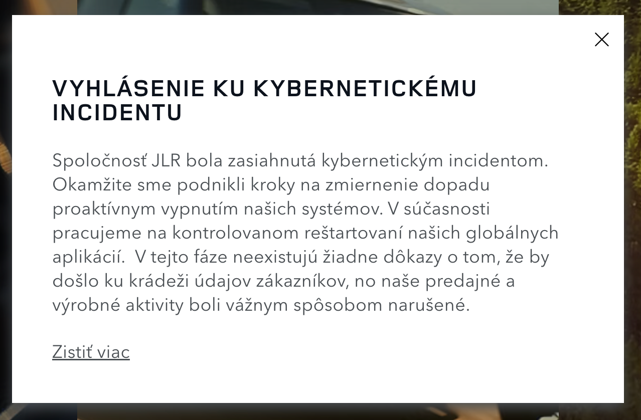 Vyhlásenie Jaguar Land Rover ku kybernetickému útoku.