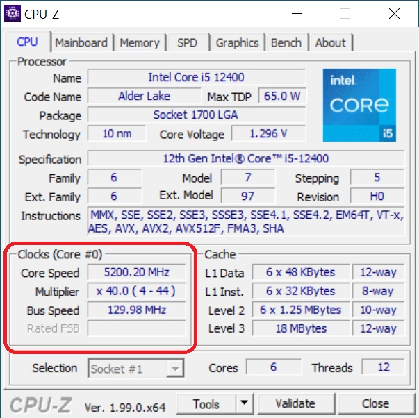 Intel Core i5-12400 – CPU-Z – maksymalne taktowanie 5,2 GHz