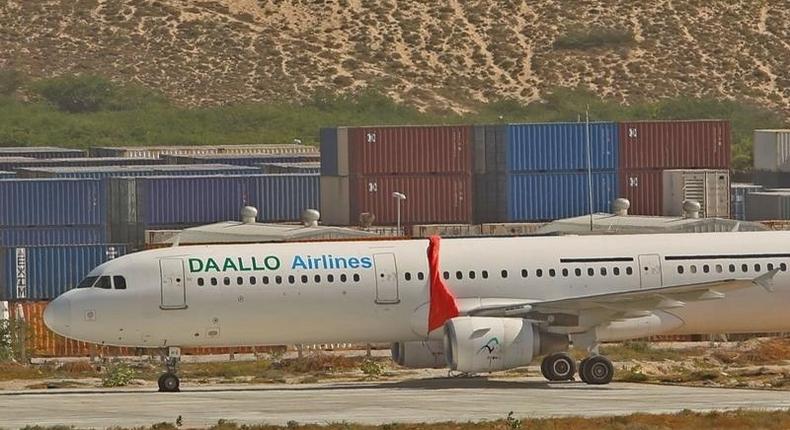 An aircraft belonging to Daallo Airlines is parked at the Aden Abdulle international airport after making an emergency landing following an explosion inside the plane in Somalia's capital Mogadishu, February 3, 2016. 