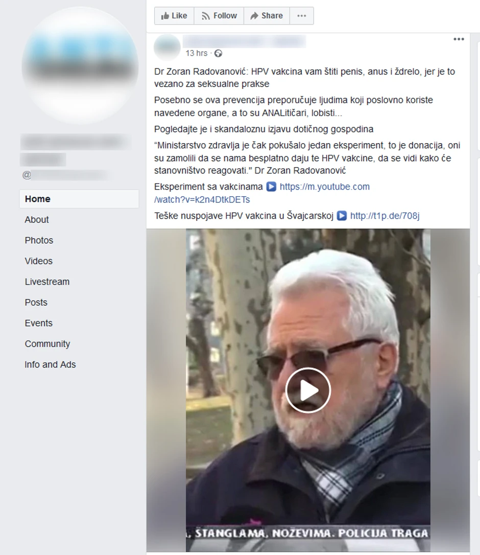 Objava jedne od antivakcinaških grupa