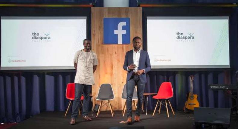 Femi Longe and Bosun Tijani of CcHub on stage at the Diaspora Challenge launch in London