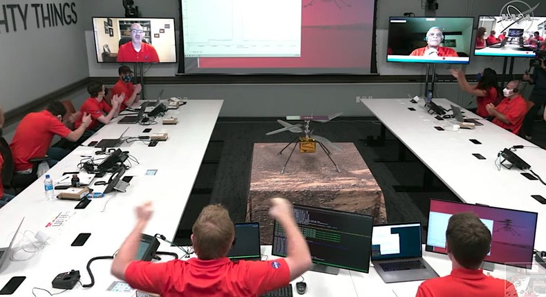 NASA's control room on Monday after the Ingenuity helicopter flew on Mars.
