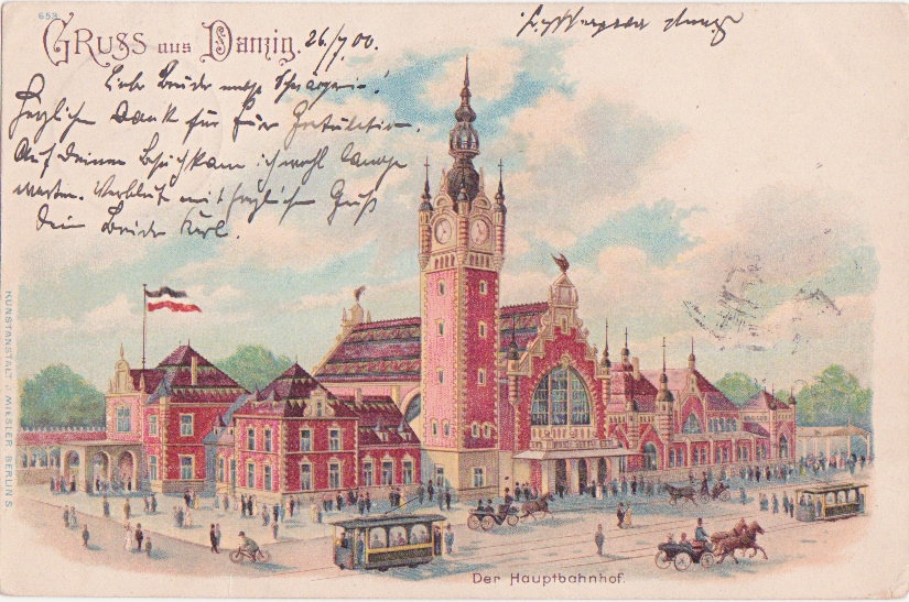 Neorenesansowy dworzec gdański z lat 1896-1900 na pocztówce litograficznej wysłanej 26.07.1906 roku. Wydawca: Kunstanstalt J. Miesler. Berlin S.